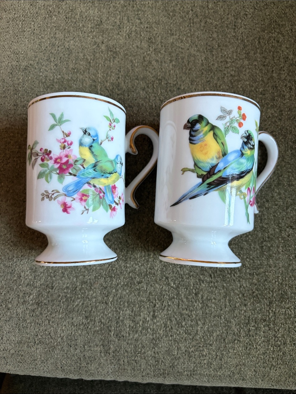 Royal Crown Derby White Pedestal Mugs with Love Bird Design